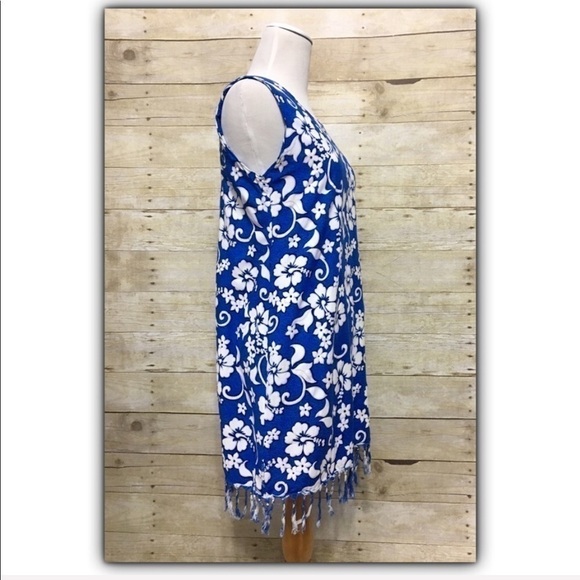 Tropical floral hibiscus print fringed rayon sleeveless dress size S - Picture 4 of 8
